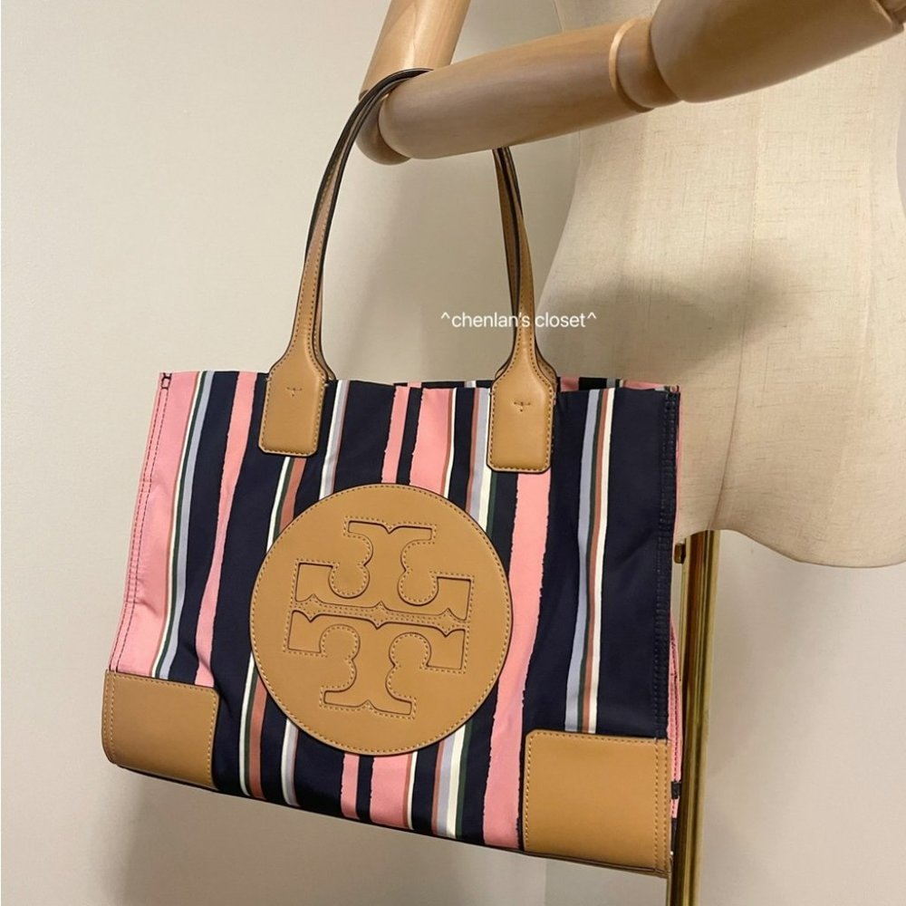 Tory Burch Navy, Pink & Tan Striped Tote - Picture 5 of 11